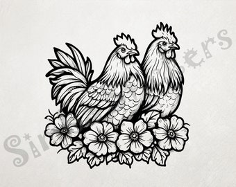 Rooster And Hen Cuddling Over FLowers Outline Art Transparent PNG+SVG Fun Digital Sticker Domestic Farm Animal