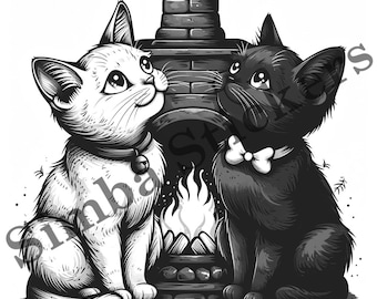 May include: A black and white illustration of a light-colored cat with a bell collar and a dark-colored cat with a bow tie sitting in front of a brick fireplace with a burning fire. The text Simba Stickers is overlaid across the image.