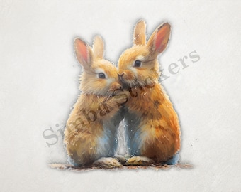 Bunny Rabbits In Love Nose-to-nose Flowers  St. Valentine's Day Romantic Watercolour PNG+SVG Transparent Background Digital Art Clipart