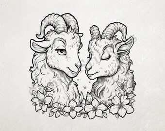 Goat Younglings In Love With Flowers St. Valentine's Day Romantic Outline Art Transparent PNG+SVG Fun Digital