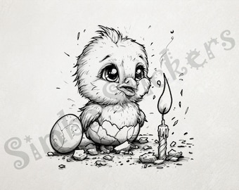 Chick Singing By Birthday Candle Beside Small Egg Outline Art Transparent PNG+SVG Fun Digital Sticker Domestic Farm Animal