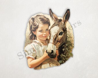 Donkey Hugged By Small European Girl Child PNG+SVG Transparent Background Digital Art Domestic Farm Animal Clipart Sticker Image