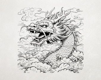 Chinese Dragon Rising Out Of The Mist Outline Art PNG+SVG Transparent Background Digital Art  Sticker