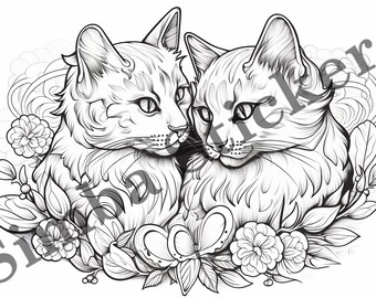 10-pack Cats In Love Digital Colouring Page Vector Illustration SVG Images Wild Animal Digital Art Black-and-white Coloring  Kitten  Page