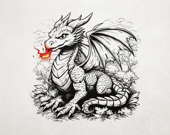 Dragon Breathing Fire, Bushy Background  Outline Art PNG+SVG Transparent Background Digital Art  Sticker
