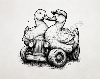 Ducks Cuddling On Farmer's Tractor In Farmworker's Hat St Valentine's Day Romantic Outline Art Transparent PNG+SVG Domestic Farm Animal
