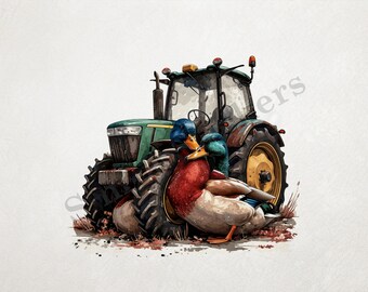 Ducks Cuddling In Front Of Farmer's Green Tractor St. Valentine's Day Romantic Transparent PNG+SVG Fun Digital Sticker Domestic Farm Animal
