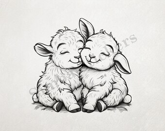 Goat Kids In Love Cheek-to-cheek St. Valentine's Day Romantic Outline Art Transparent PNG+SVG Fun Digital