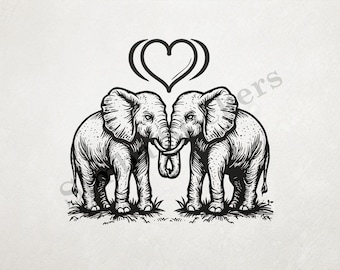 Elephants In Love St. Valentine's Day Romantic Outline Art Transparent PNG+SVG African Savanna Wild Animal Digital Image