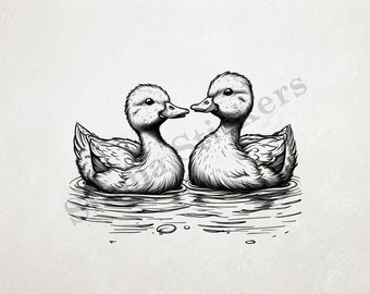 Ducks Beak-to-beak In Love In A Pond St. Valentine's Day Romantic Outline Art Transparent PNG+SVG Fun Digital Sticker Domestic Farm Animal