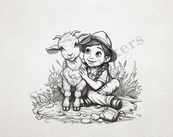Goat Kid Hugged By Girl In Braids Outline Art Transparent PNG+SVG Fun Digital Sticker Domestic Farm Animal