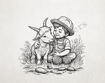 Goat Kid With Horns Hugged By Boy In Hat Outline Art Transparent PNG+SVG Fun Digital Sticker Domestic Farm Animal