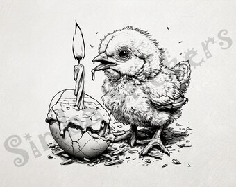 Chick Blowing Out Birthday Candle Stuck Inside Egg Outline Art Transparent PNG+SVG Fun Digital Sticker Domestic Farm Animal
