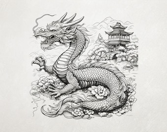 Chinese Dragon Across The Pond From Stylish House Outline Art PNG+SVG Transparent Background Digital Art  Sticker