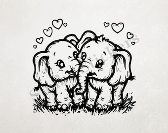 Baby Elephants In Love Romantic Hearts St. Valentine's Day Romantic Outline Art Transparent PNG+SVG African Savanna Wild Animal Image