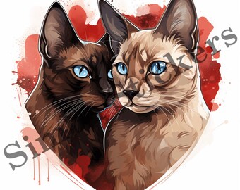 10-pack Tonkinese Cats In Love St. Valentine's Day Romantic PNG Image Set Domestic Pet Animal Digital Art Images