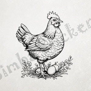 Puede incluir: Un dibujo en blanco y negro de una gallina de pie sobre un nido de huevos. La gallina está mirando hacia la derecha y tiene un diseño detallado y texturizado. El nido está rodeado de pequeñas flores y hojas.