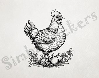 Hen Brooding Over Eggs Outline Art Transparent PNG+SVG Fun Digital Sticker Domestic Farm Animal