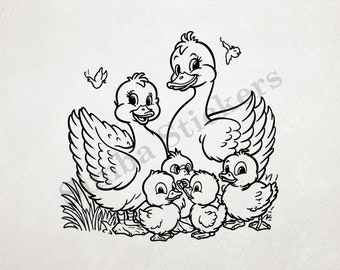 Ducks Family Parents In Love In A Pond St. Valentine's Day Romantic Outline Art Transparent PNG+SVG Fun Digital Sticker Domestic Farm Animal