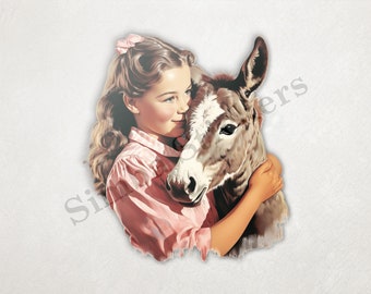 Donkey Hugged By Small European Girl Child PNG+SVG Transparent Background Digital Art Domestic Farm Animal Clipart Sticker Image