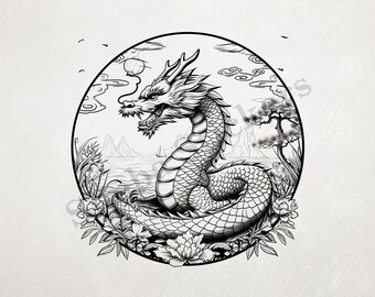 Chinese Dragon On Edge Of The Sea Outline Art PNG+SVG Transparent Background Digital Art  Sticker
