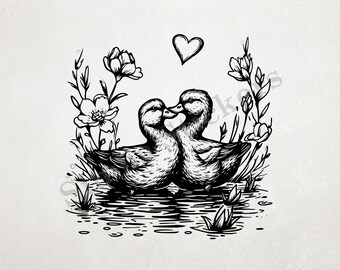 Ducks In Love In A Pond St. Valentine's Day Romantic Outline Art Transparent PNG+SVG Fun Digital Sticker Domestic Farm Animal