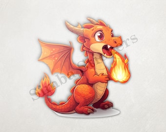Cute Red Dragon Breathing Fire Fantasy Animal Transparent PNG+SVG Digital Sticker Image Art