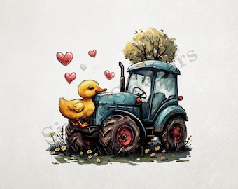 Duckling With Chin Over Farmer's Tractor  Transparent PNG+SVG Fun Digital Sticker Domestic Farm Animal