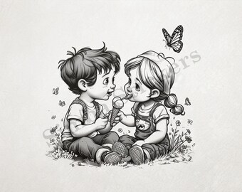 Boy And Girl Sharing An Ice Cream, Butterfly Above Them  Outline Art PNG+SVG Transparent Background Digital Art Clipart Sticker Image