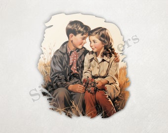 Boy And Girl Sitting, Girl Holding Flowers PNG+SVG Transparent Background Digital Art Sticker Image