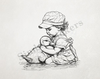 Small Girl Hugging Duckling In A Pond Wearing A Cap Outline Art Transparent PNG+SVG Fun Digital Sticker Domestic Farm Animal