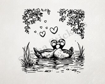 Ducks In Love In A Pond Under Tree Branches St. Valentine's Day Romantic Outline Art Transparent PNG+SVG Fun Digital Domestic Farm Animal