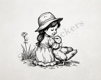 Duck Embraced By Small Girl Wearing Cute Hat Outline Art Transparent PNG+SVG Fun Digital Sticker Domestic Farm Animal