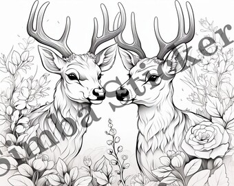 10-pack Deer Reindeer In Love  Romantic St. Valentine's Day Colouring Page Vector Illustration SVG Images Wild Animal Digital Art