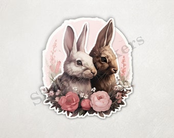 Bunny Rabbits In Love Nose-to-nose Flowers  St. Valentine's Day Romantic Vintage PNG+SVG Transparent Background Digital Art Animal Clipart