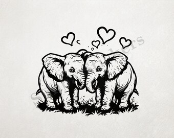 Child Elephants In Love Romantic Hearts St. Valentine's Day Romantic Outline Art Transparent PNG+SVG African Savanna Wild Animal Image