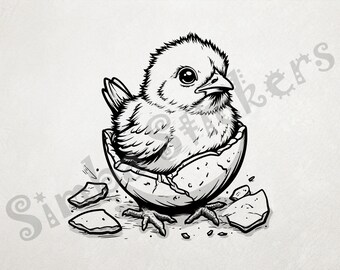 Chick Still Inside Shell After Hatching Feet Touching  Ground Outline Art Transparent PNG+SVG Fun Digital Sticker Domestic Farm Bird