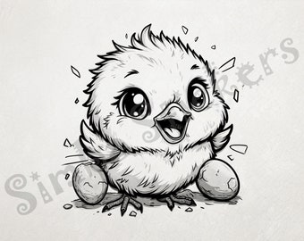 Chick Just Hatched Blowing Out Birthday Candle Next To Smaller Eggs Outline Art Transparent PNG+SVG Fun Digital Sticker Domestic Farm Animal