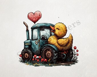 Duckling Sitting Appreciatingly On Farmer's Tractor  Transparent PNG+SVG Fun Digital Sticker Domestic Farm Animal