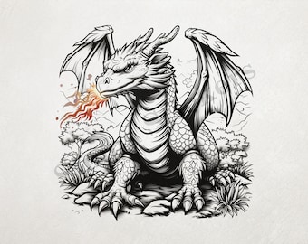 Dragon Breathing Fire, Bushy Background, Wings Outspread Outline Art PNG+SVG Transparent Background Digital Art  Sticker