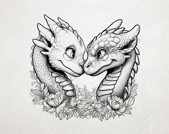 Cute Dragons Nose-to-nose In Love Romantic St. Valentine's Day Outline Art PNG+SVG Transparent Background Digital Art  Sticker