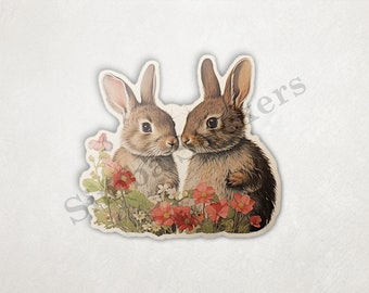 Cute Bunny Rabbits In Love Nose-to-nose Flowers St. Valentine's Day Romantic Vintage PNG+SVG Transparent Background Digital Art  Clipart