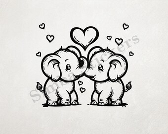 Baby Elephants In Love St. Valentine's Day Romantic Outline Art Transparent PNG+SVG African Savanna Wild Animal Digital Image