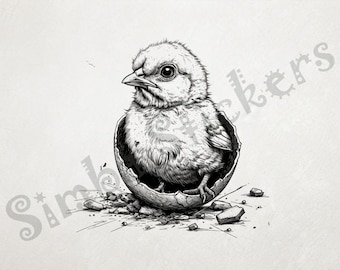 Chick Sitting On Broken Eggshell After Hatching Outline Art Transparent PNG+SVG Fun Digital Sticker Domestic Farm Animal Clipart Sticker