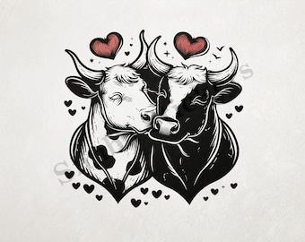 Bull And Cow Cattle In Love Cheek-to-cheek St. Valentine's Day Romantic Outline Art PNG+SVG Transparent Background Digital Art