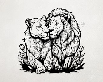 Lion With Lioness St. Valentine's Day Romantic Outline Art Transparent PNG+SVG Sticker Fun Digital Sticker African Savanna Wild Animal