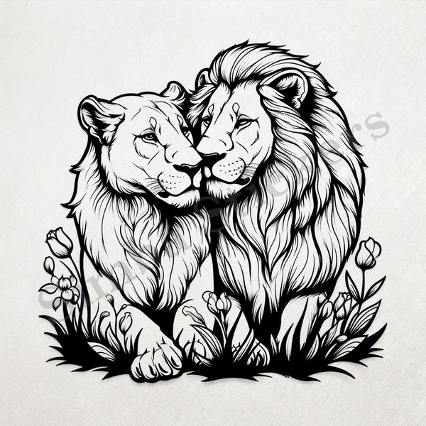 Lion With Lioness St. Valentine's Day Romantic Outline Art Transparent PNG+SVG Sticker Fun Digital Sticker African Savanna Wild Animal
