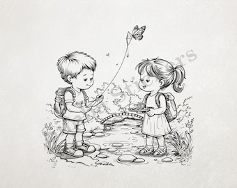 Boy And Girl Flying Kite Standing On Rocks In A Shallow River  Outline Art PNG+SVG Transparent Background Digital Art Clipart Sticker Image