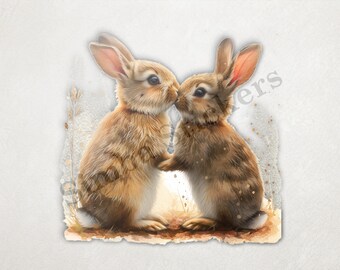 Bunny Rabbits In Love Nose-to-nose Flowers  St. Valentine's Day Romantic Watercolour PNG+SVG Transparent Background Digital Art Clipart