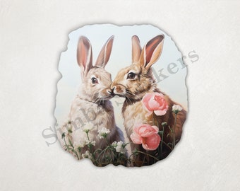 Cute Bunny Rabbits In Love Nose-to-nose Flowers St. Valentine's Day Romantic Vintage PNG+SVG Transparent Background Digital Art  Clipart
